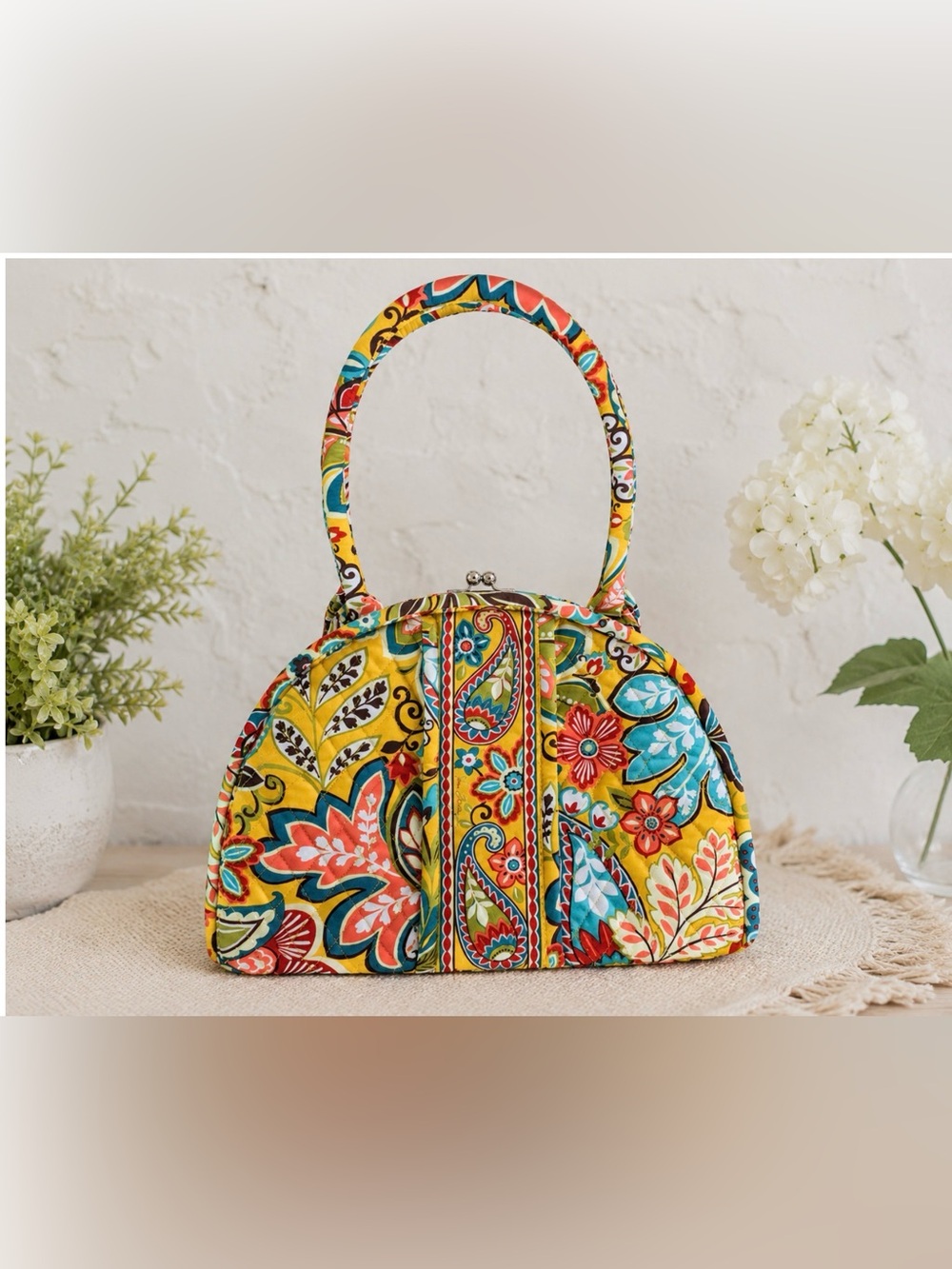 Vera Bradley Retired Quilted Kiss Lock Frame Satchel Yellow Paisley Floral Purse